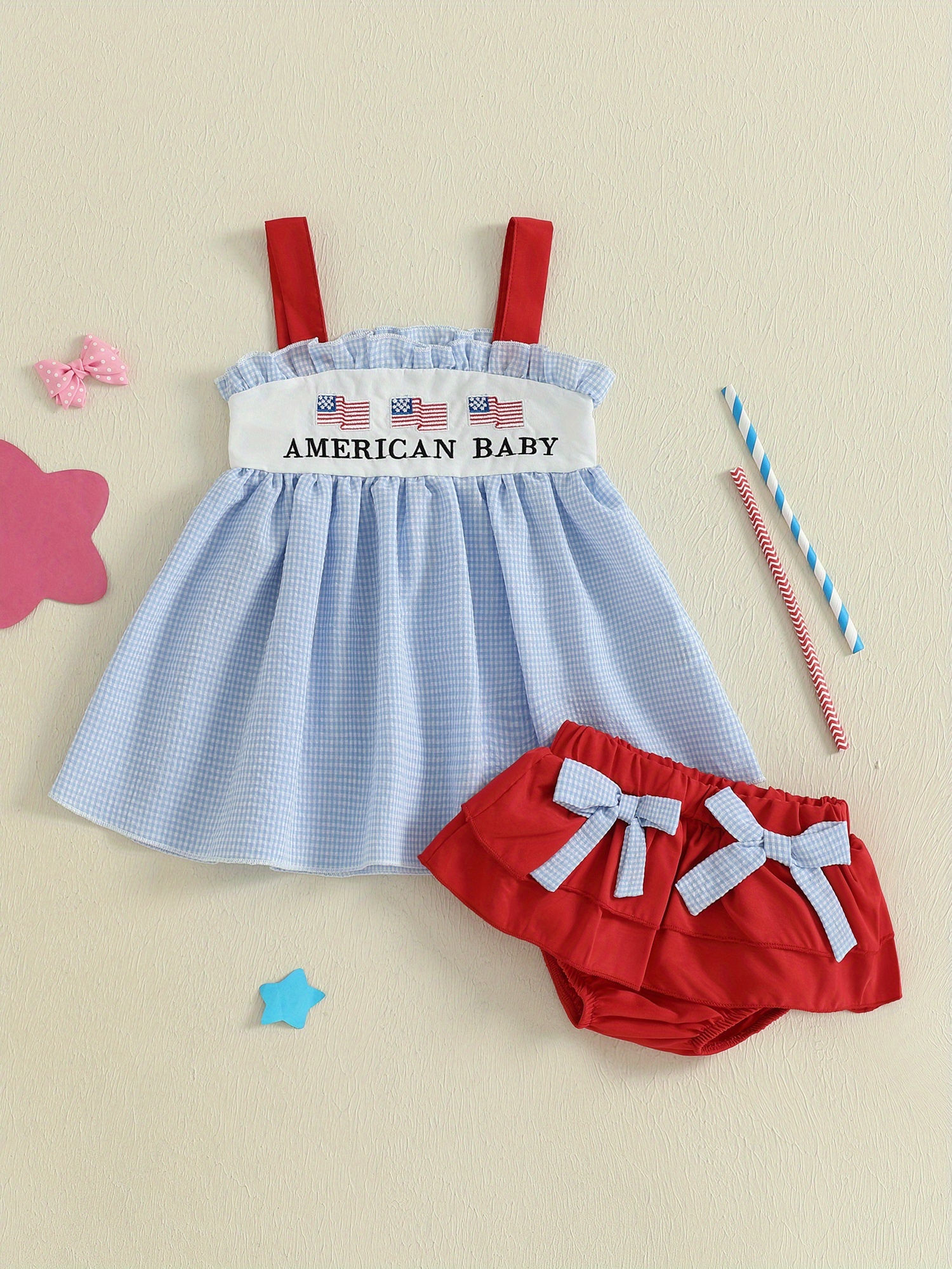 thumbnail image 2 of My First 4th Of July Baby Girl Outfit - American Flag Onesie & Bubble Romper 2 of 9