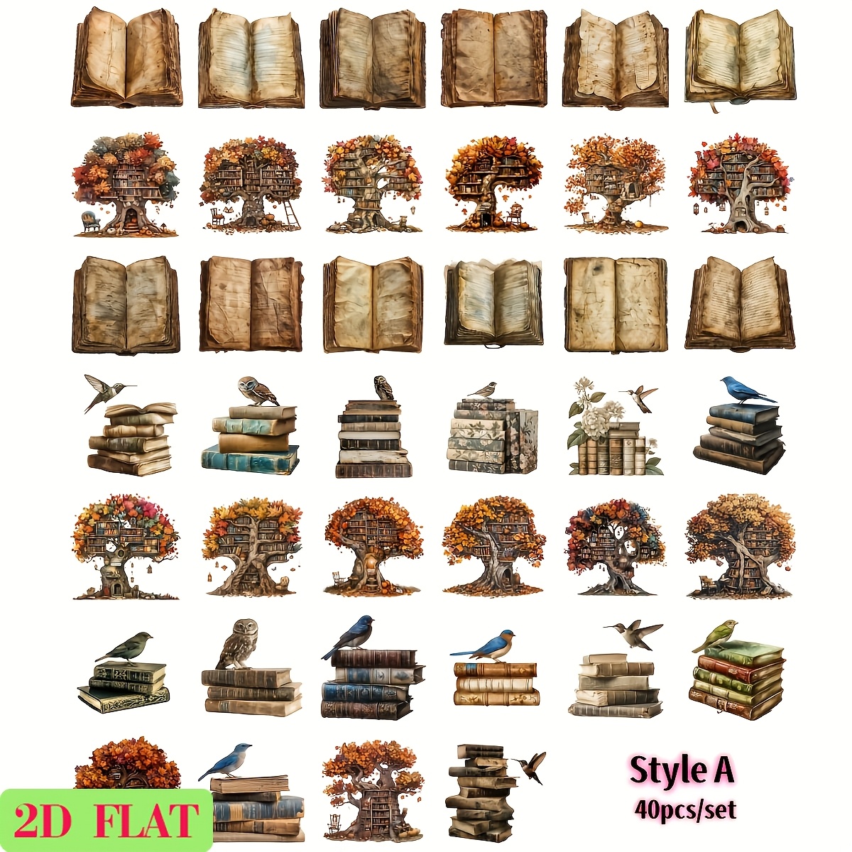 Image of A Set Of 40 Handmade Stickers Featuring A Vintage Treehouse, Hummingbirds, And Book Designs, Perfect For Decorating Diaries, Albums, And Magazines. Stickers Are Ideal For Projects