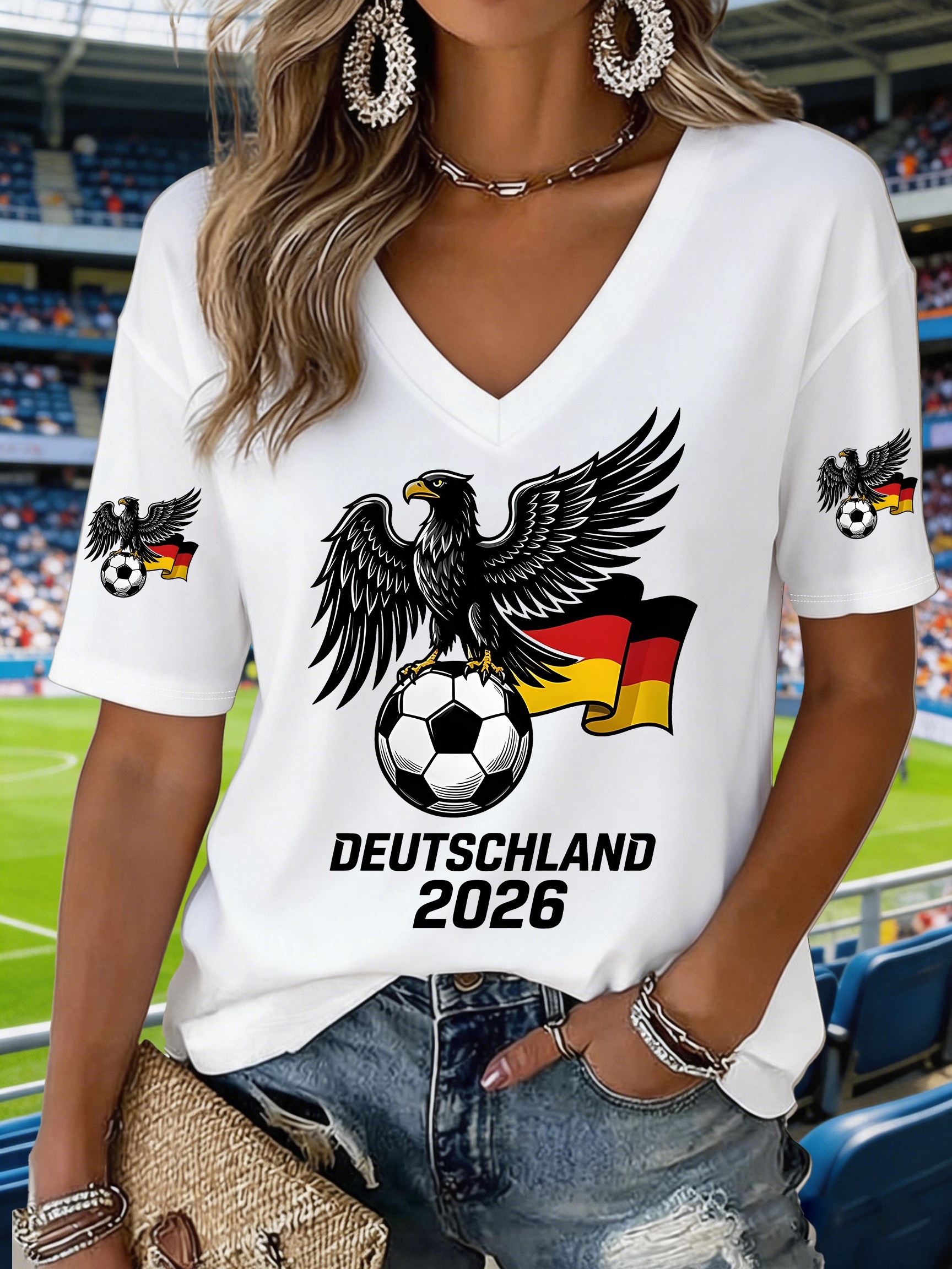 damen sommer v-ausschnitt t-shirt - 2026 fußballtrikot print top, fußball fan geschenk für damen, lockere passform, leicht und atmungsaktiv,   für sommer freizeitkleidung, events [ ] - 174
