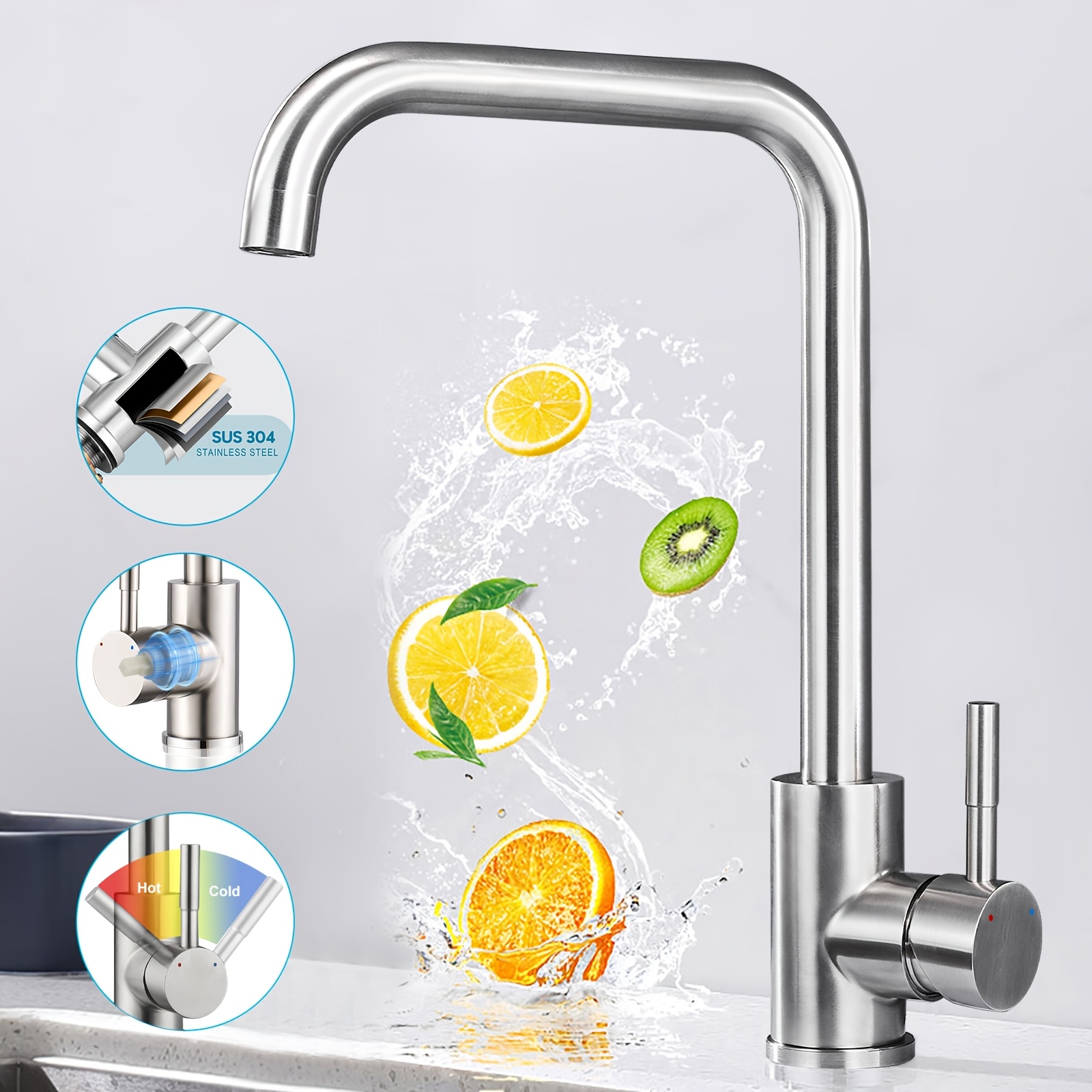 Cold Water Kitchen Faucet, Brushed Stainless Steel, Single Lever Kitchen Tap With , High-pressure Single Handle Kitchen Faucet, High-arc Stainless Steel Mixer Tap