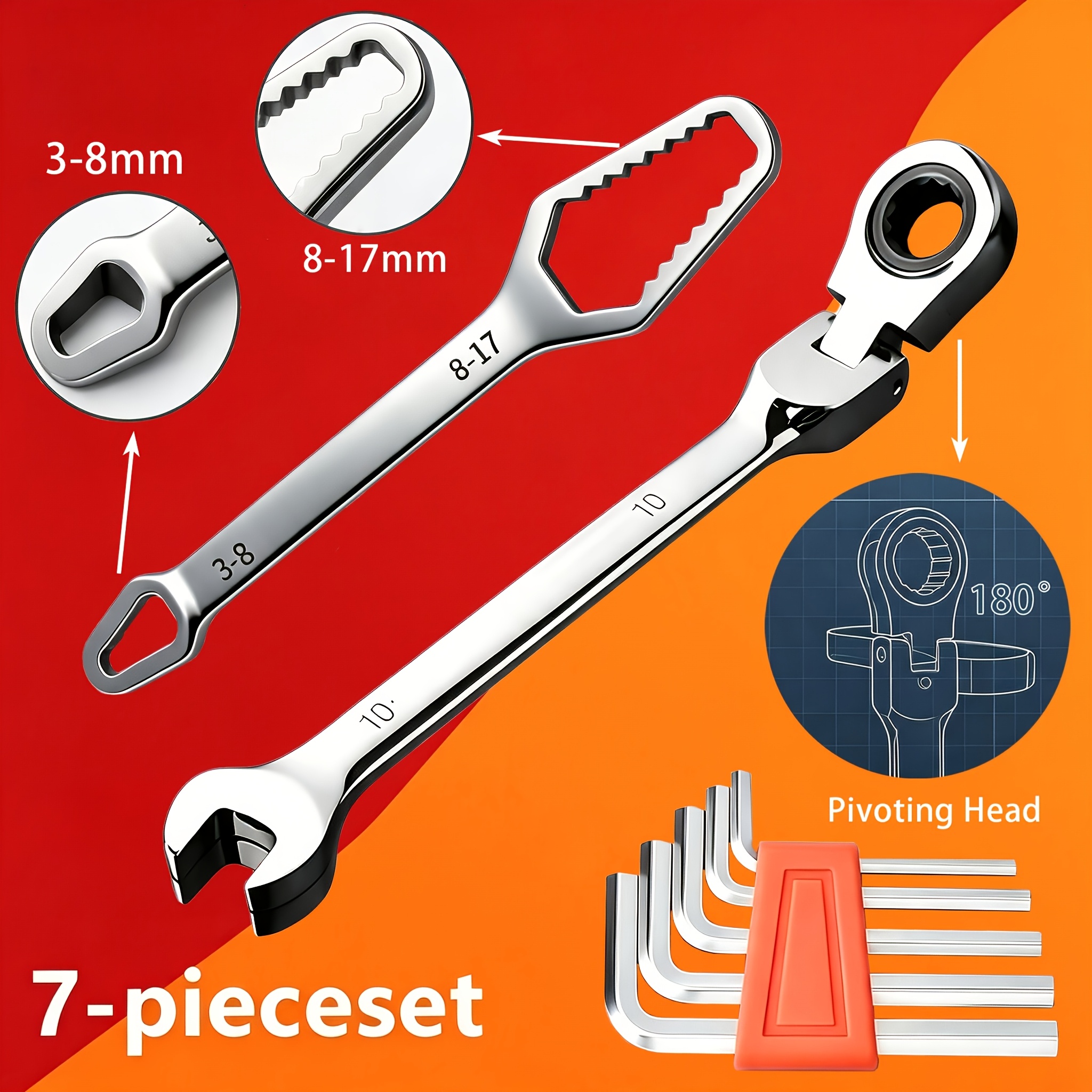 TEMU 7pcs Set - Includes 1 Dual-use Adjustable Ratchet Wrench   1 Flower Wrench   5 Hex Wrenches, Practical Wrench Tool Set Combination. Wrench Tool