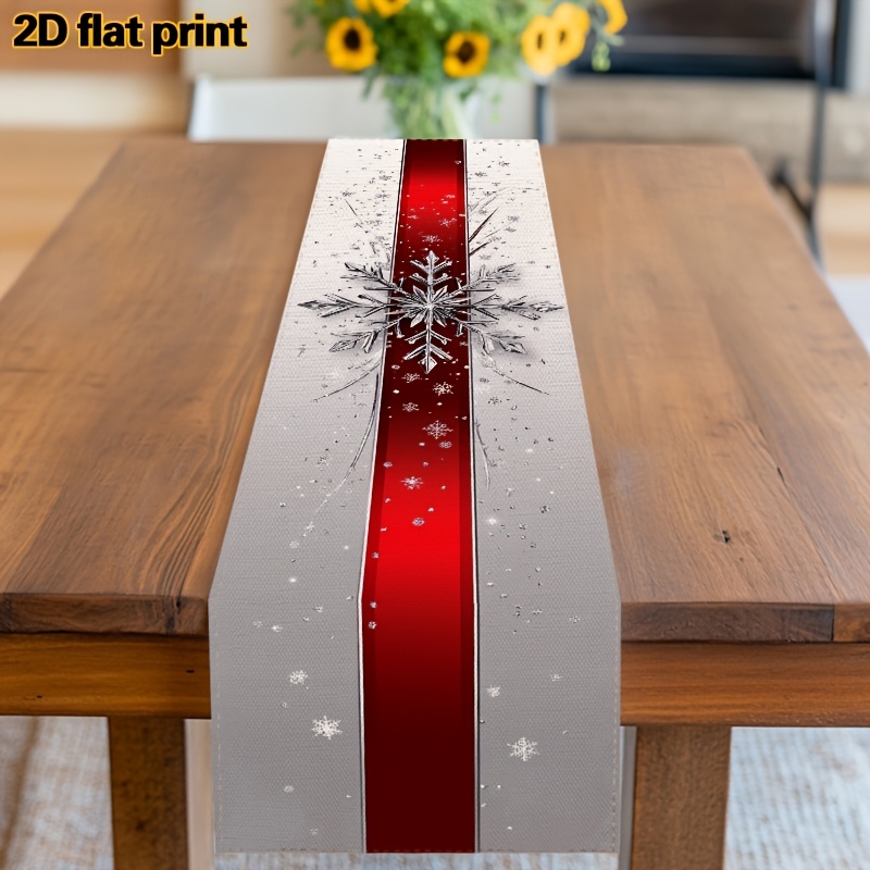 TEMU 1pc Christmas Snowflake Table Runner, Featuring Red Base Color With Shimmering Silvery Snowflake Patterns, Exudes A Rich Festive Atmosphere.