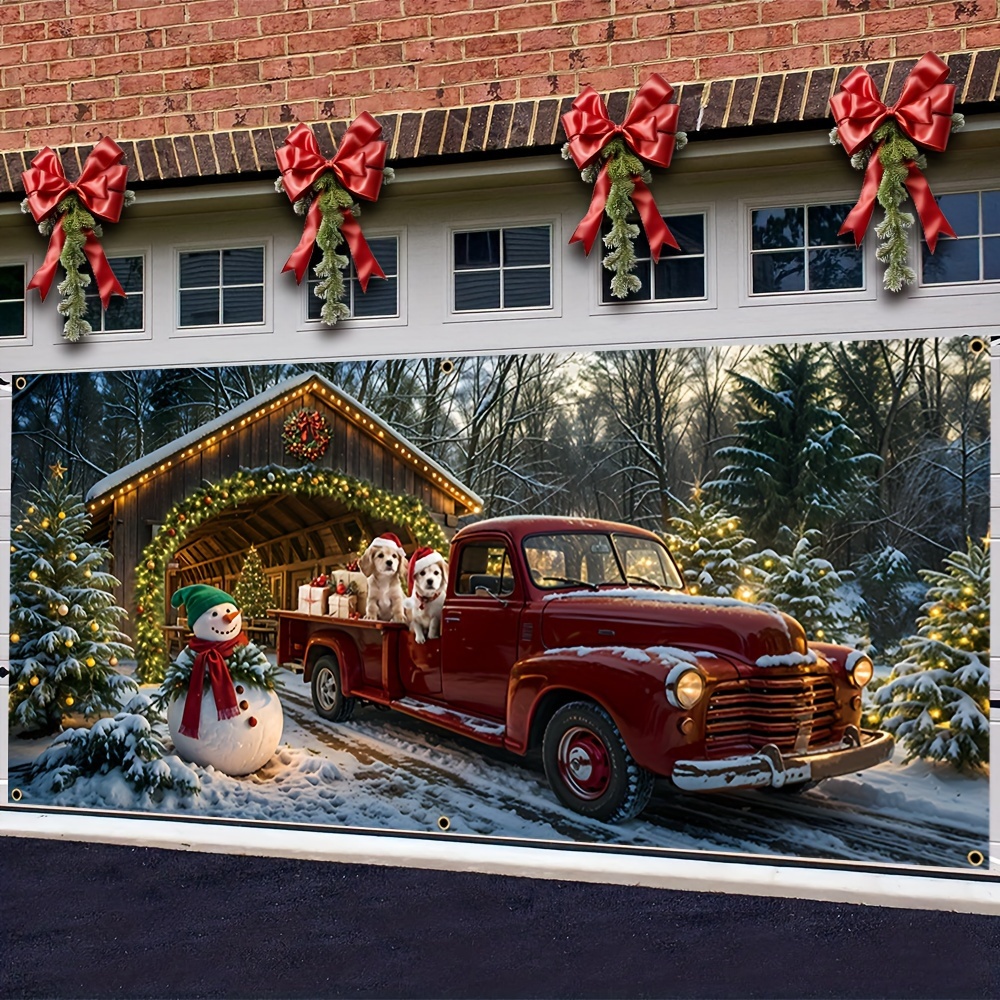 

Christmas Garage Banner - Durable Polyester, Snowy Car & Snowman Design House, Perfect For Winter Celebrations & Home Decor, 71x157 Inches