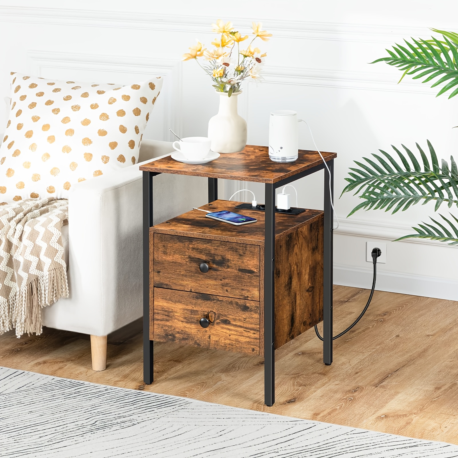 Image of Bedside Table With Charging Station, Side Table, Sofa Table With 2 Drawers, Coffee Table With Usb Port, Suitable For Living Room, Bedroom, Modern, 40 X 40 X 61 Cm, Retro