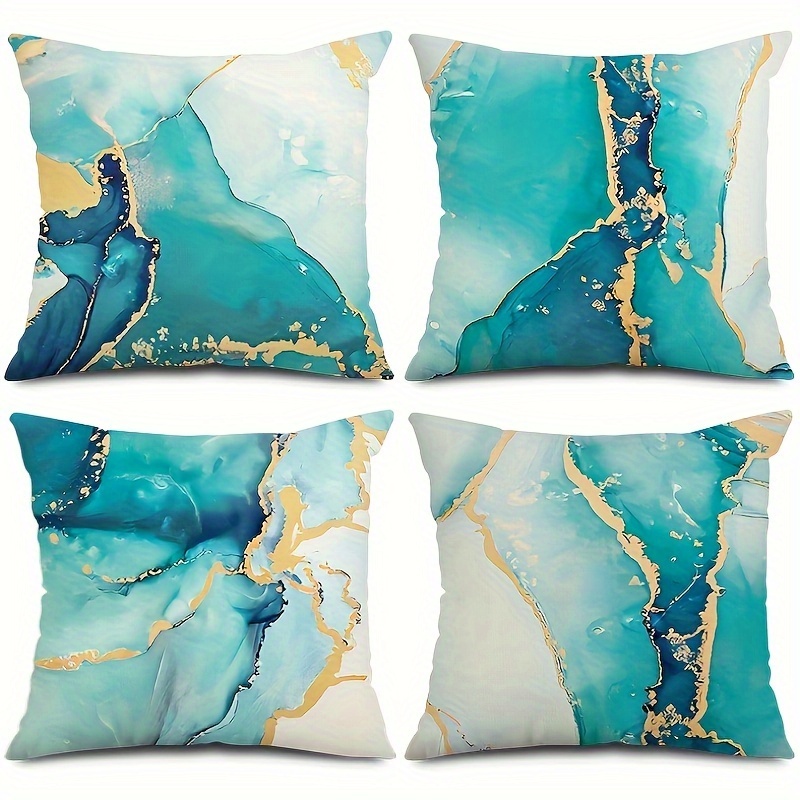 TEMU 4pcs Turquoise Marble Throw Pillow Covers Teal Golden Abstract Art Modern Decorative Pillows Case Soft Outdoor Cushion Covers For Couch Sofa Bed