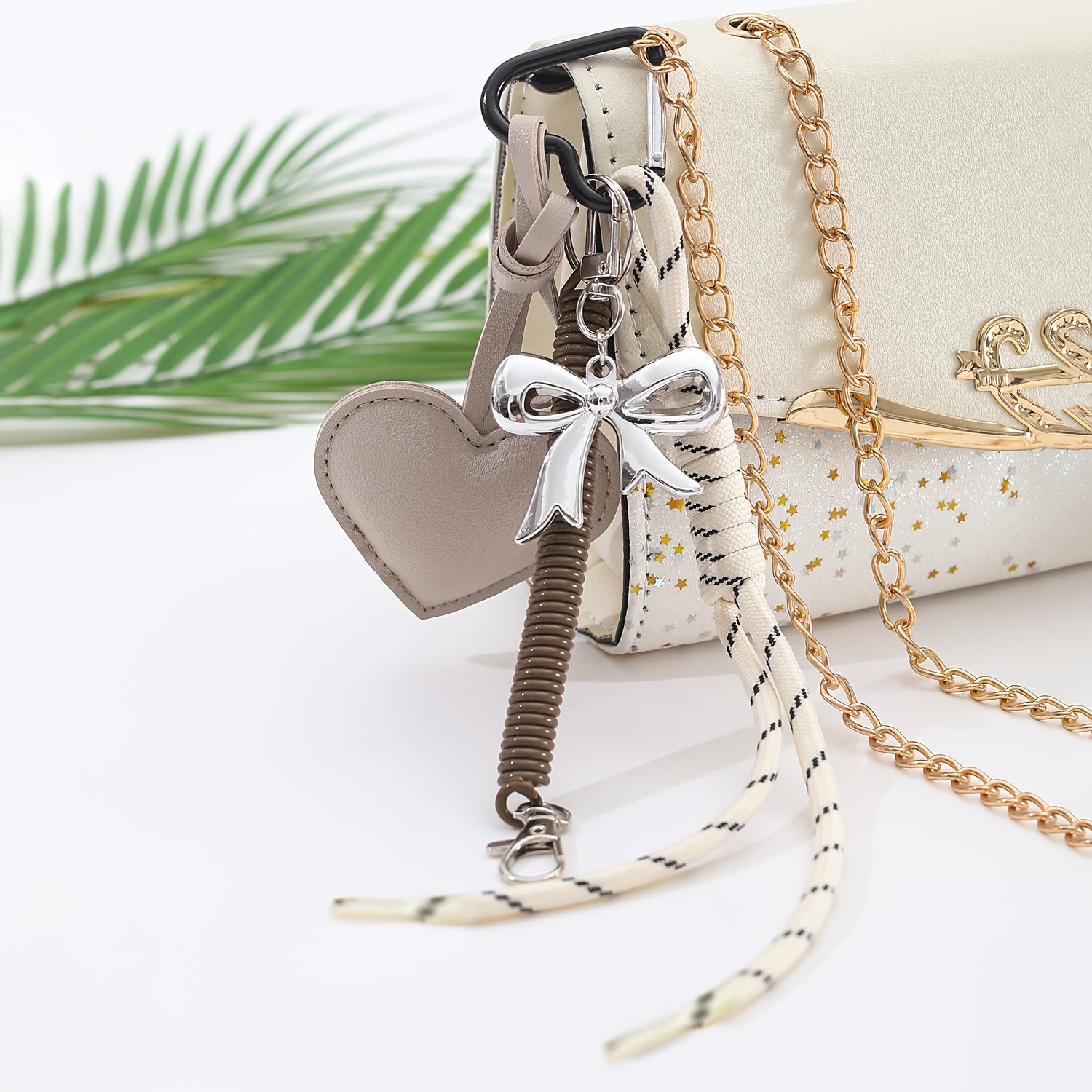 TEMU 1pc Fashionable Keychain With Heart-shaped Pendant, Bow, And Floral Accents - Sport Rope Pendant, Spring Rope Key Ring Key Cord, Women's