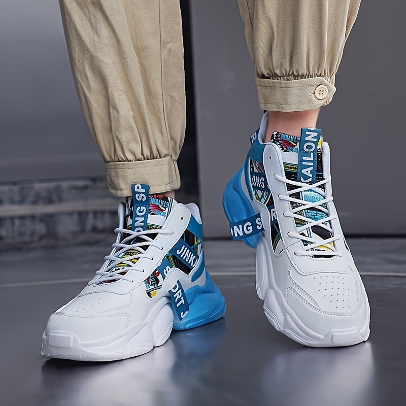 Zapatillas casuales de caña alta para hombre con patrón aleatorio, ajuste universal, cierre de cordones, uso para todas las estaciones, punta redonda, suela de PVC, plantilla de tela y parte superior de imitación.