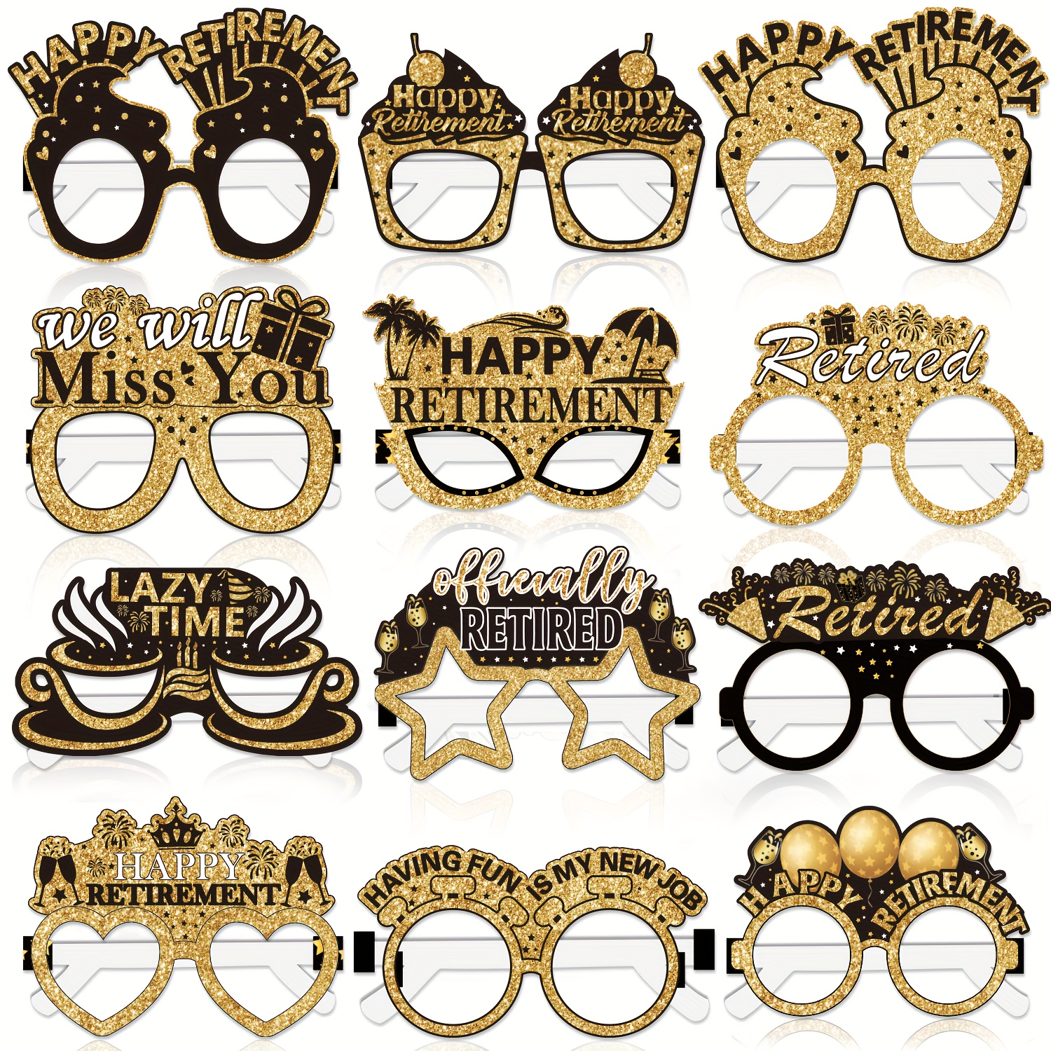 12pcs of retirement themed for party decorations black and golden paper glasses for retirement parties photo booth props including 12 different styles of retirement themed paper glasses