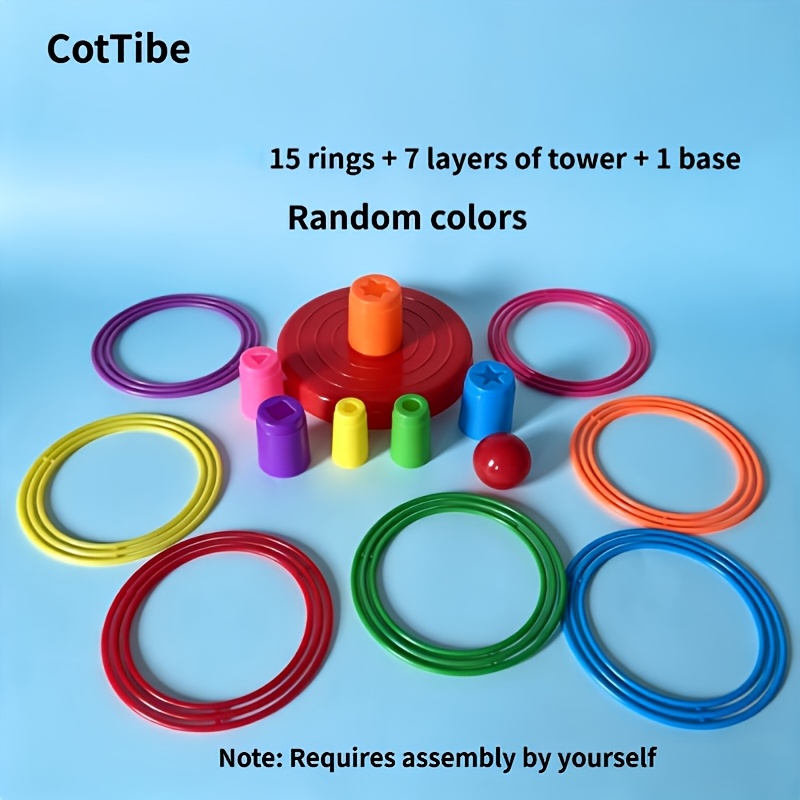 TEMU Cottage 15pcs Rings And 7pcs Towers And 1pc Base Indoor Outdoor Tossing Ring Game Set, Parent-child Interaction, Party, Training Eyesight And