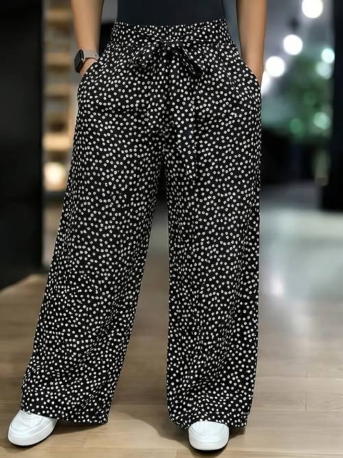 floral print drawstring wide leg casual pants