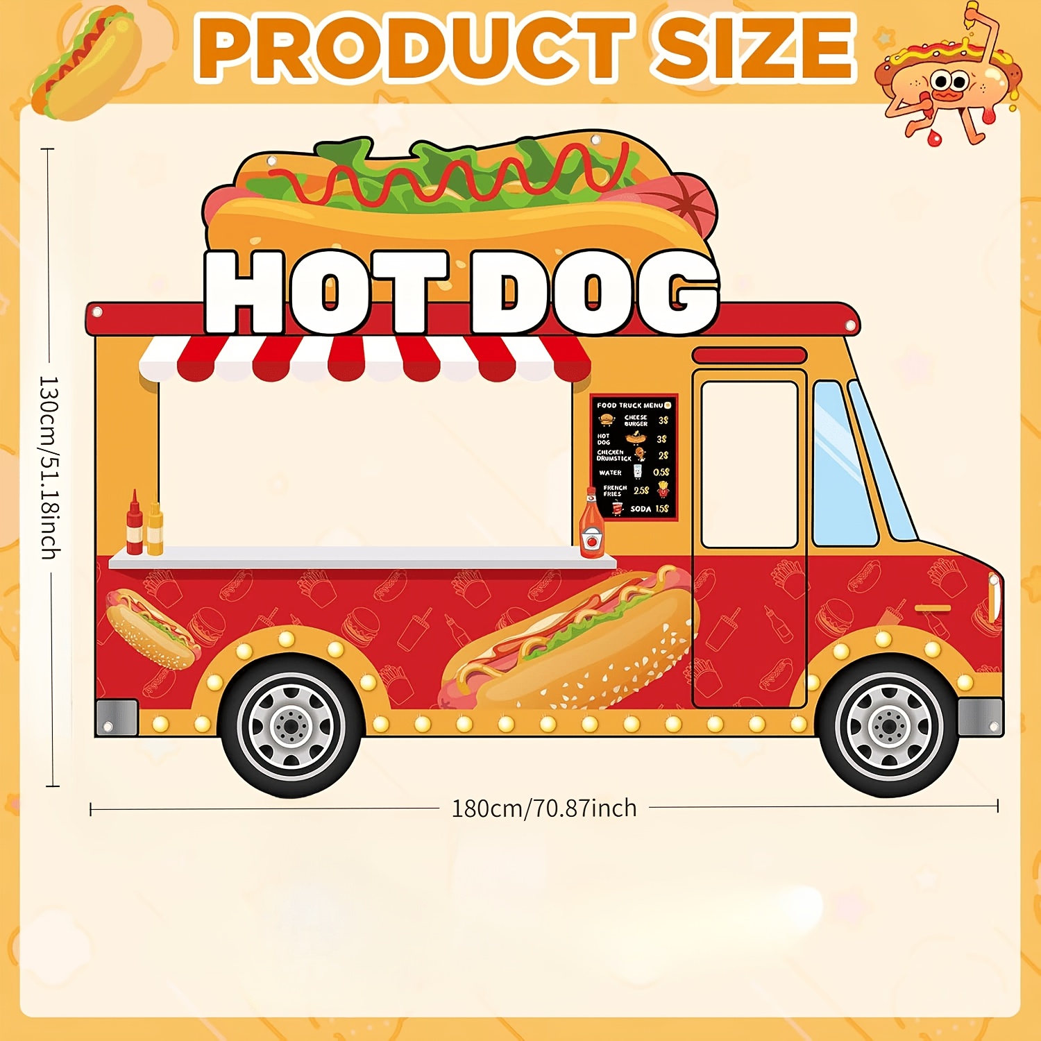 TEMU 1pc, Hot Dog Food Truck Theme Hollow Background Cloth, Red Scheme With Hot Dog, Hamburger, Menu Patterns, Food Theme Birthday Party Decoration,