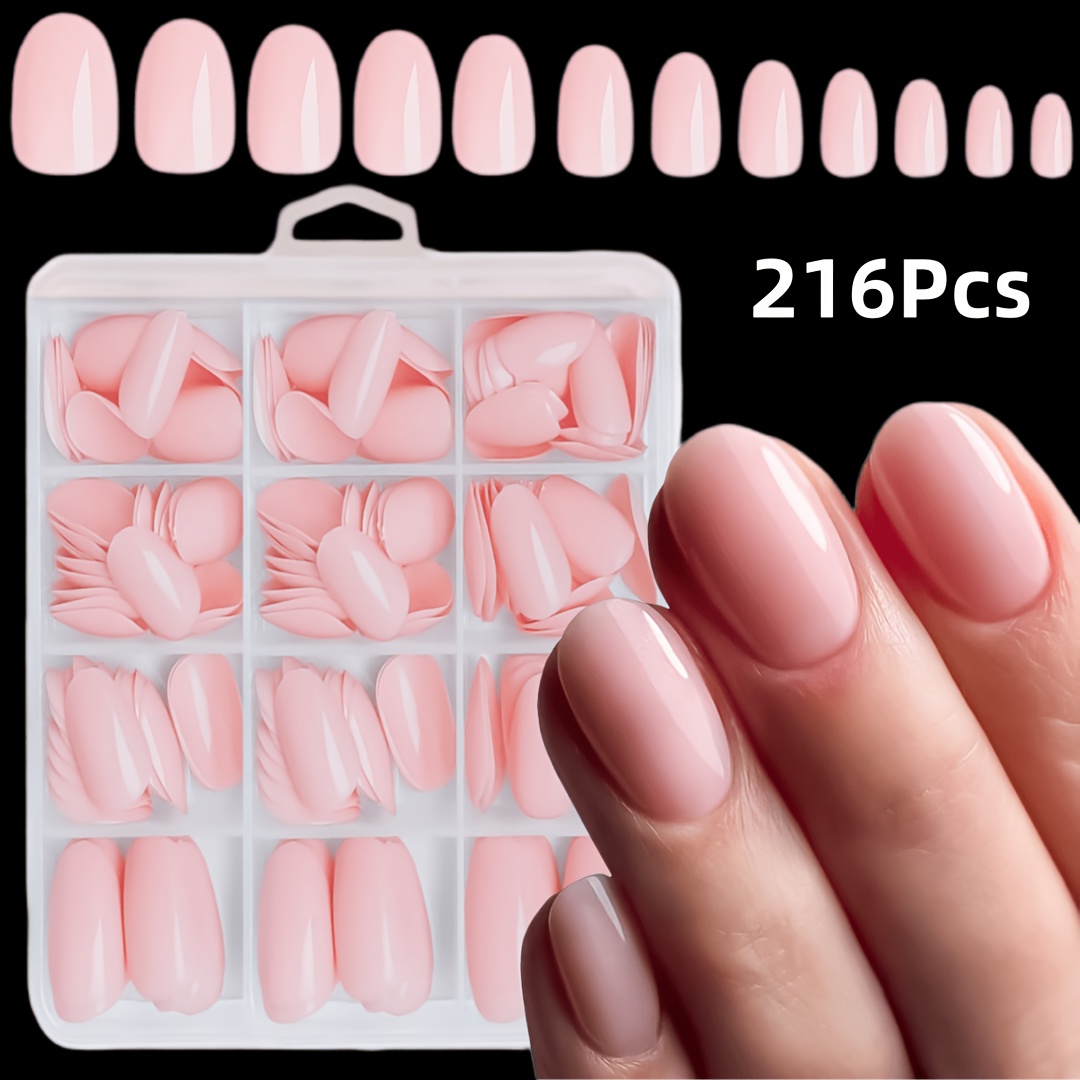 Image of 216pcs Short Oval Press On Nails Suitable For Women - Light Pink Fake Nails With 12 Sizes, Glossy, Short Lengths, Machine- Spring Summer Wear, Valentine' Day, Application & -free Removal