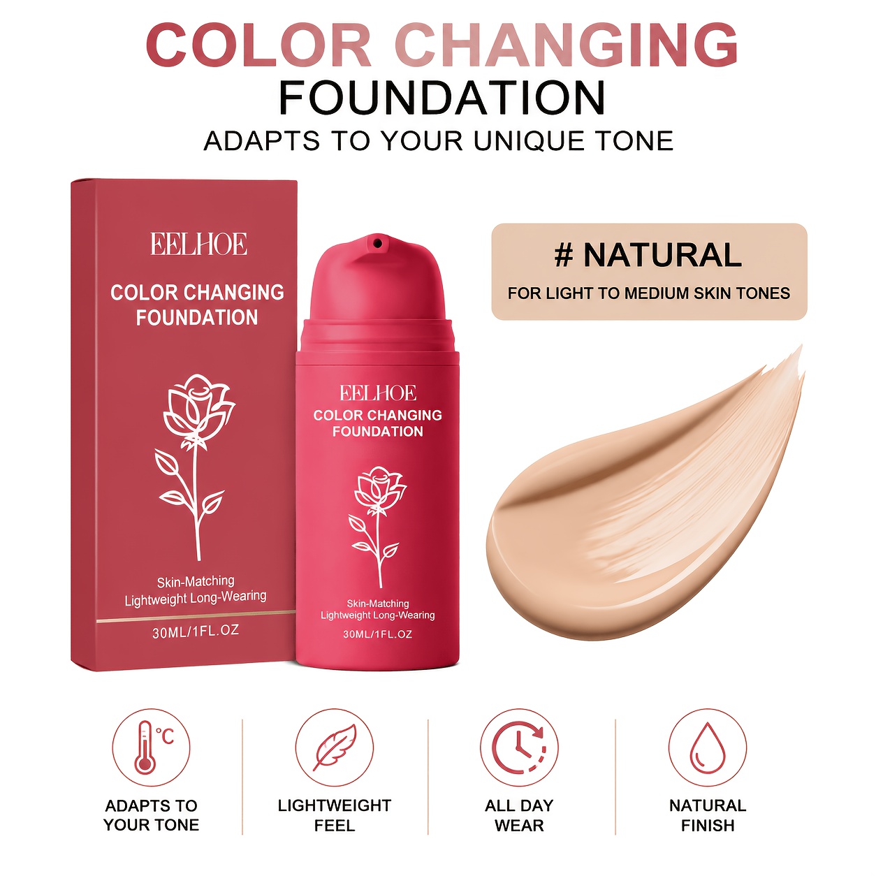 TEMU Warm Tone Adaptive Color Changing Liquid Foundation, Waterproof Long Lasting Skin Matching Base Makeup, Hydrating Foundation For Tones