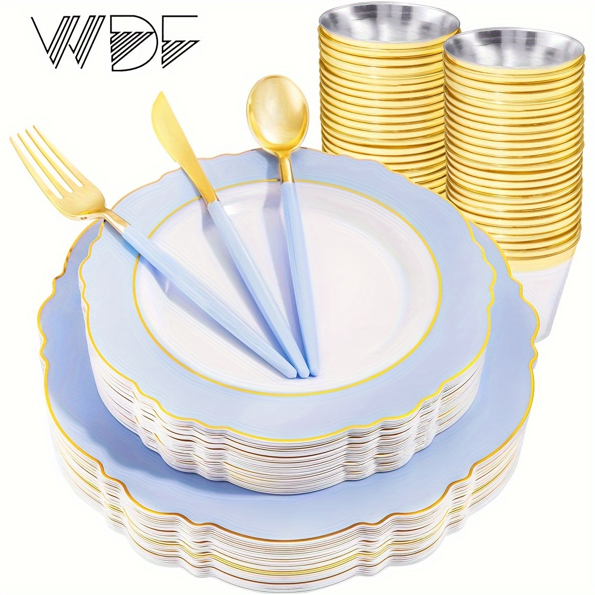 

Wdf 150pcs Blue/ Plastic Plates With & Disposable Golden Plastic Silverware With Blue/ Handle - Light Blue&gold/&gold Plastic Dinnerware For Wedding & Parties