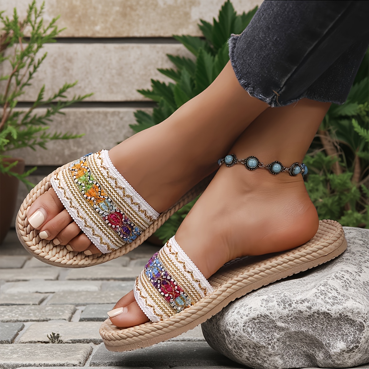 TEMU Ladies' Minimalist Bohemian Style | Chinese Style | Ethnic Style | Versatile Slippers, Women Shoes