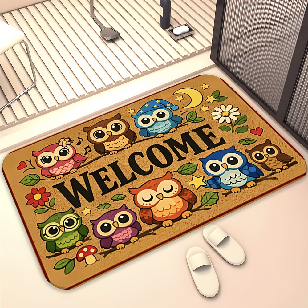 TEMU 2d Flat Printing Flannel Material Non-slip Floor Mat, Cartoon Owl Welcome Pattern Doormat, Machine Washable And Fade-resistant, Suitable For