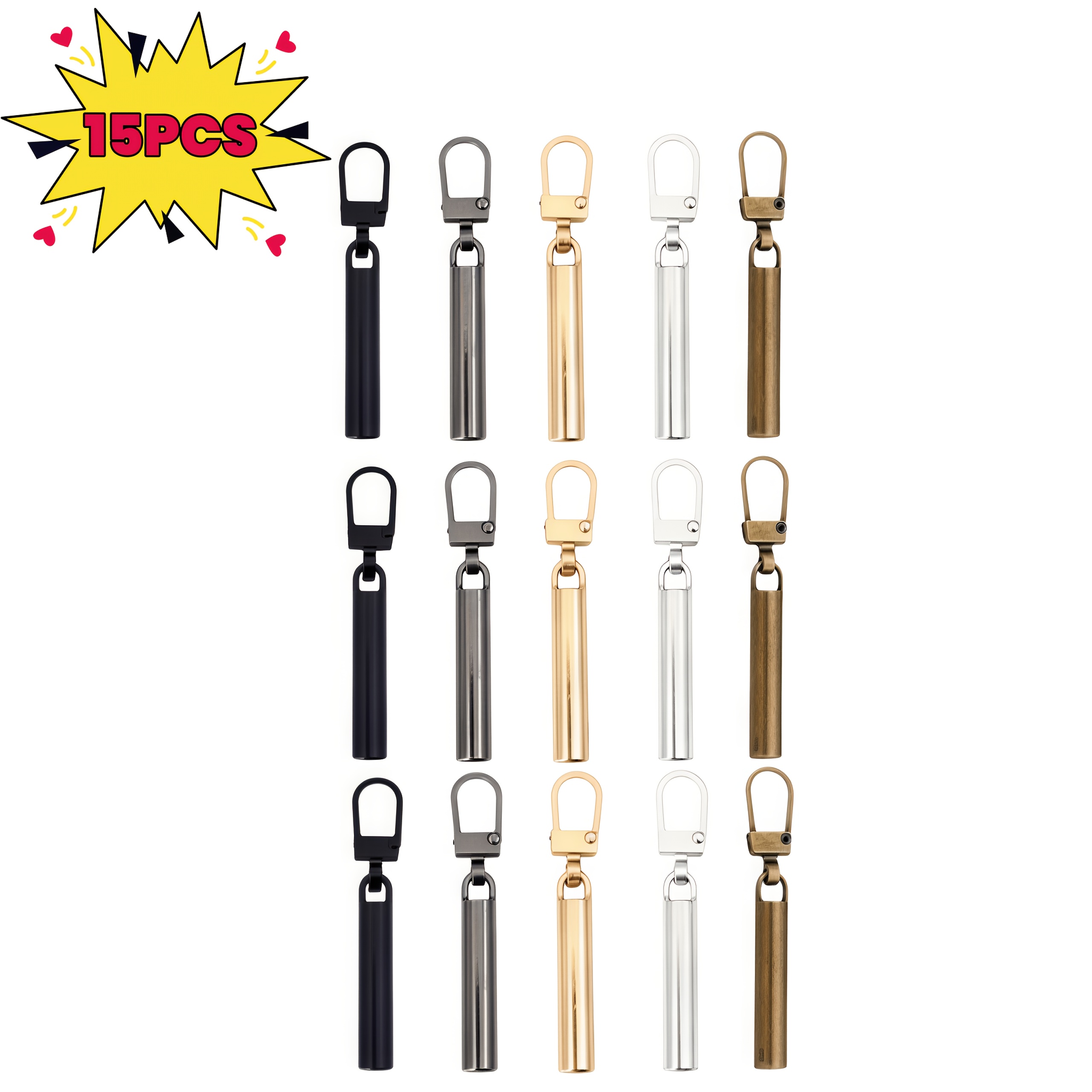 TEMU 15pcs Detachable Metal Zipper Pulls, Multicolor Cylindrical Zipper Sliders, Replacement Accessories For Bags & Clothing, , Household Hardware
