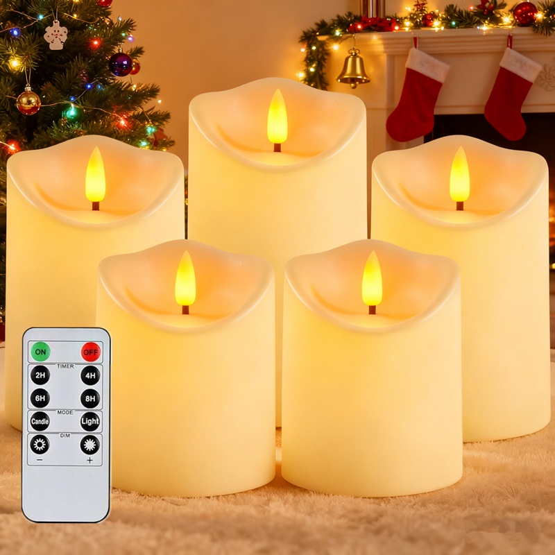 TEMU 5pcs Ivory Flickering Flameless Candles, Battery Operated Led Candles With Remote Timers, For Home Decoration, Holiday Decoration, D3.25"x