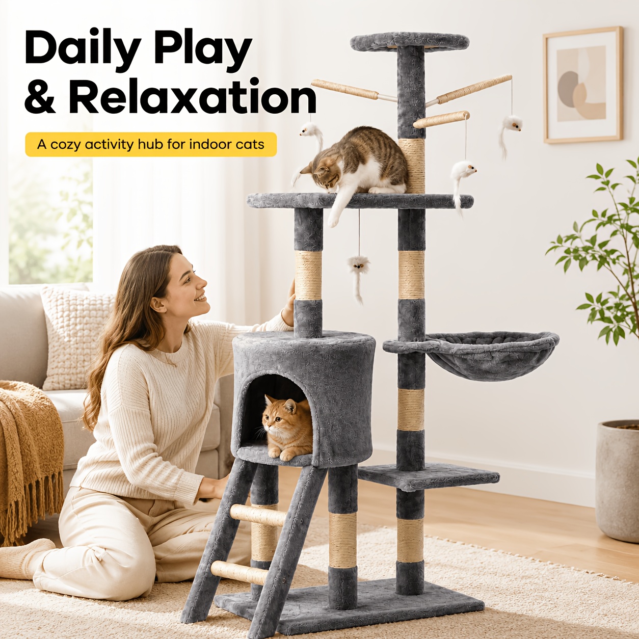 Image of Cat Tree Featuring A Multi-level Design, Equipped With Sisal Scratching Posts, A Scratching Board, 2 Cozy Cat Beds, 2 Viewing Platforms, A Cat-teasing Ball, And A Resting Area