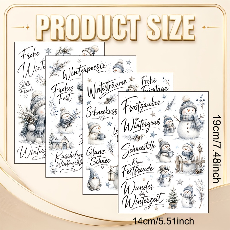 TEMU 4 Stk. Nordischer Winter-Schneemann-Vinyl-Transfer geeignet für DIY-Bastelarbeiten, deutscher Text mit mattierten Zweigen & Schneemännern, warme