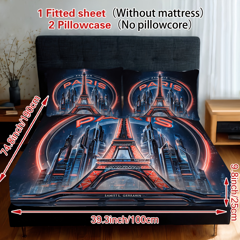 TEMU 3 pièces Ensemble de Literie Moderne en Polyester - Inclut 1 Drap Housse et 2 Taies d'Oreiller, Lavable en Machine, Confort Toutes , Décoration