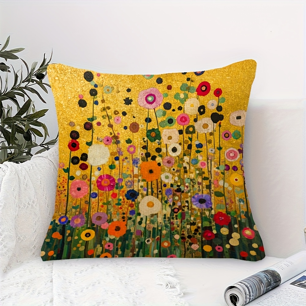 TEMU 1 pièce Taie d'oreiller décorative double face en peluche courte - Motif de Klimt, 18 x 18 pouces, Polyester, Fermeture à glissière, Convient