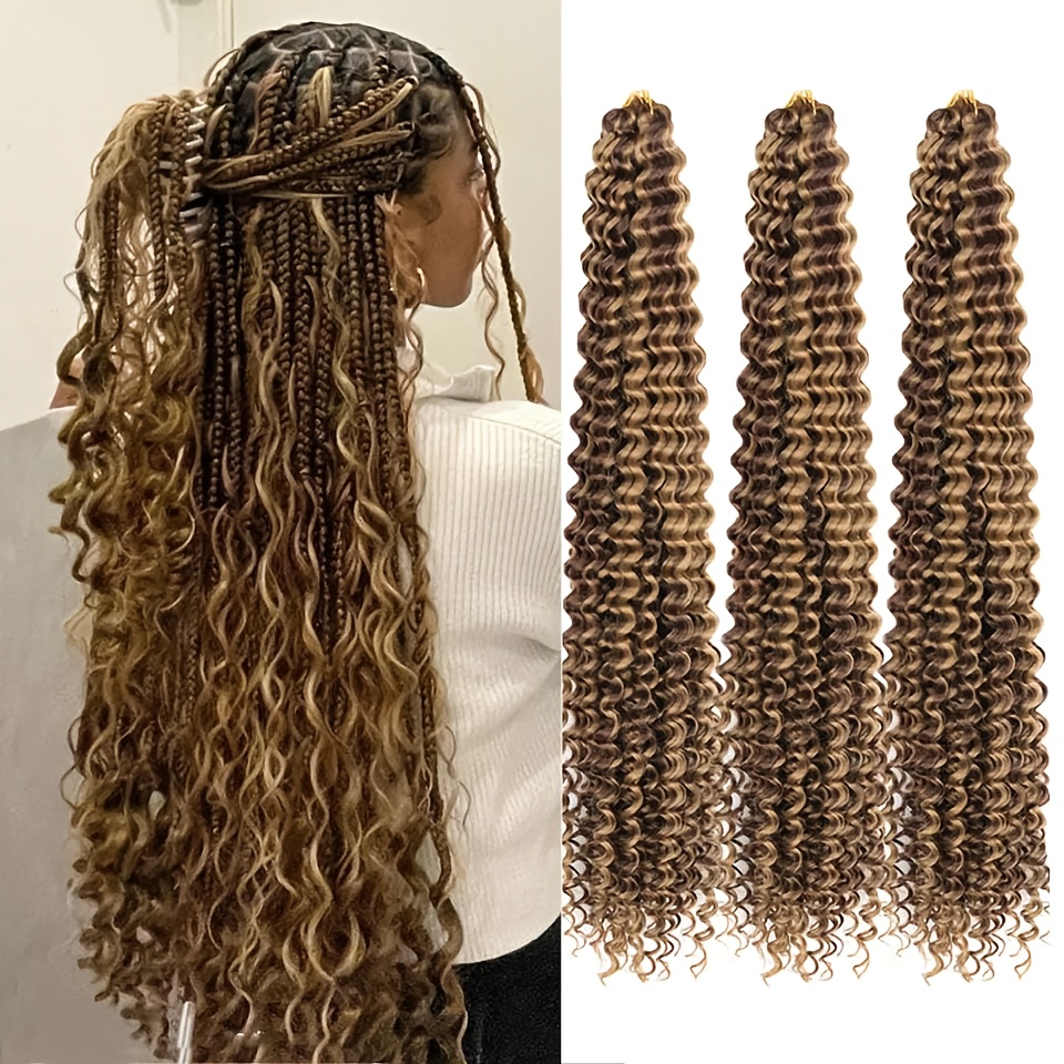 TEMU Deep Wave Crochet Hair 28 Inch 3 Packs Ocean Wave Curly Braiding Hair For Goddess Braids Synthetic Curly Hair For Women High Temperature