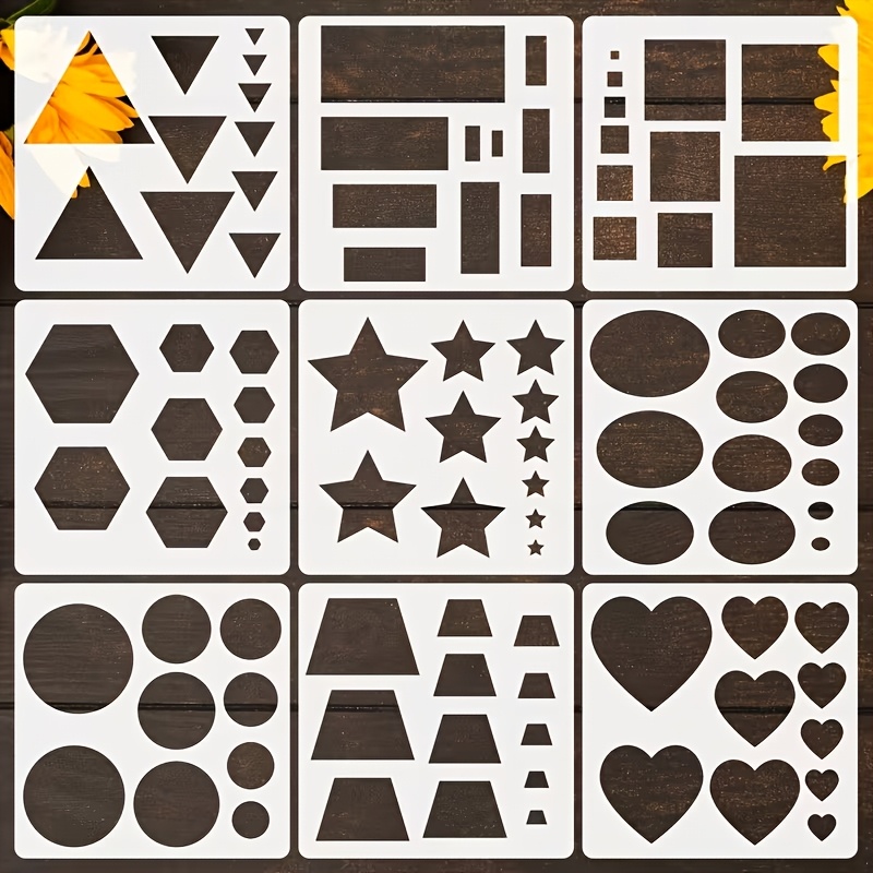 E-shop Ein Set von 9 Zeichenvorlagen, Grundformen aus Kunststoff, Geometrische Formenvorlagen