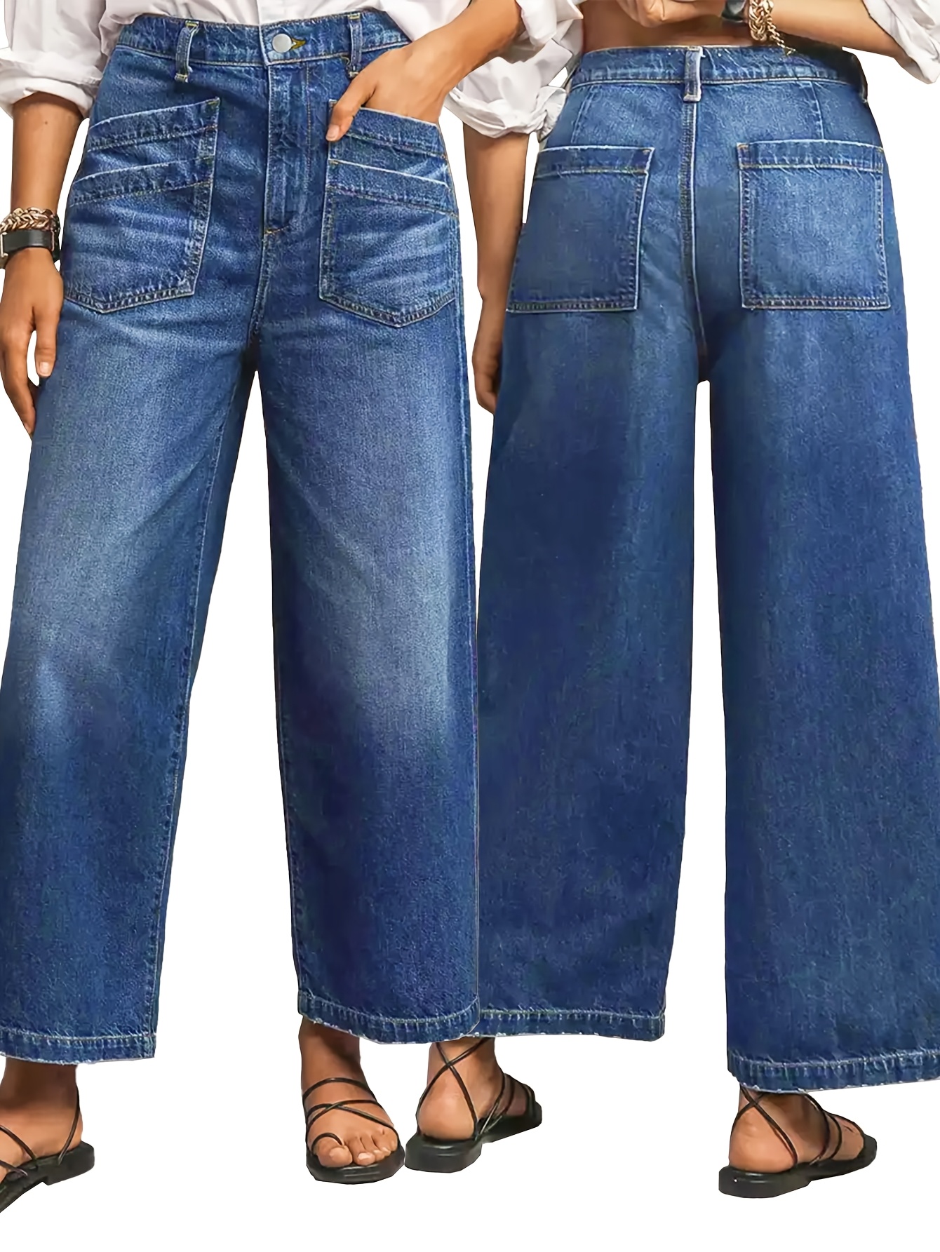 item picture womens high stretch wide bootcut jeans vintage washed navy blue denim pants with     button fly beltless design straight leg trousers for casual   wear machine washable