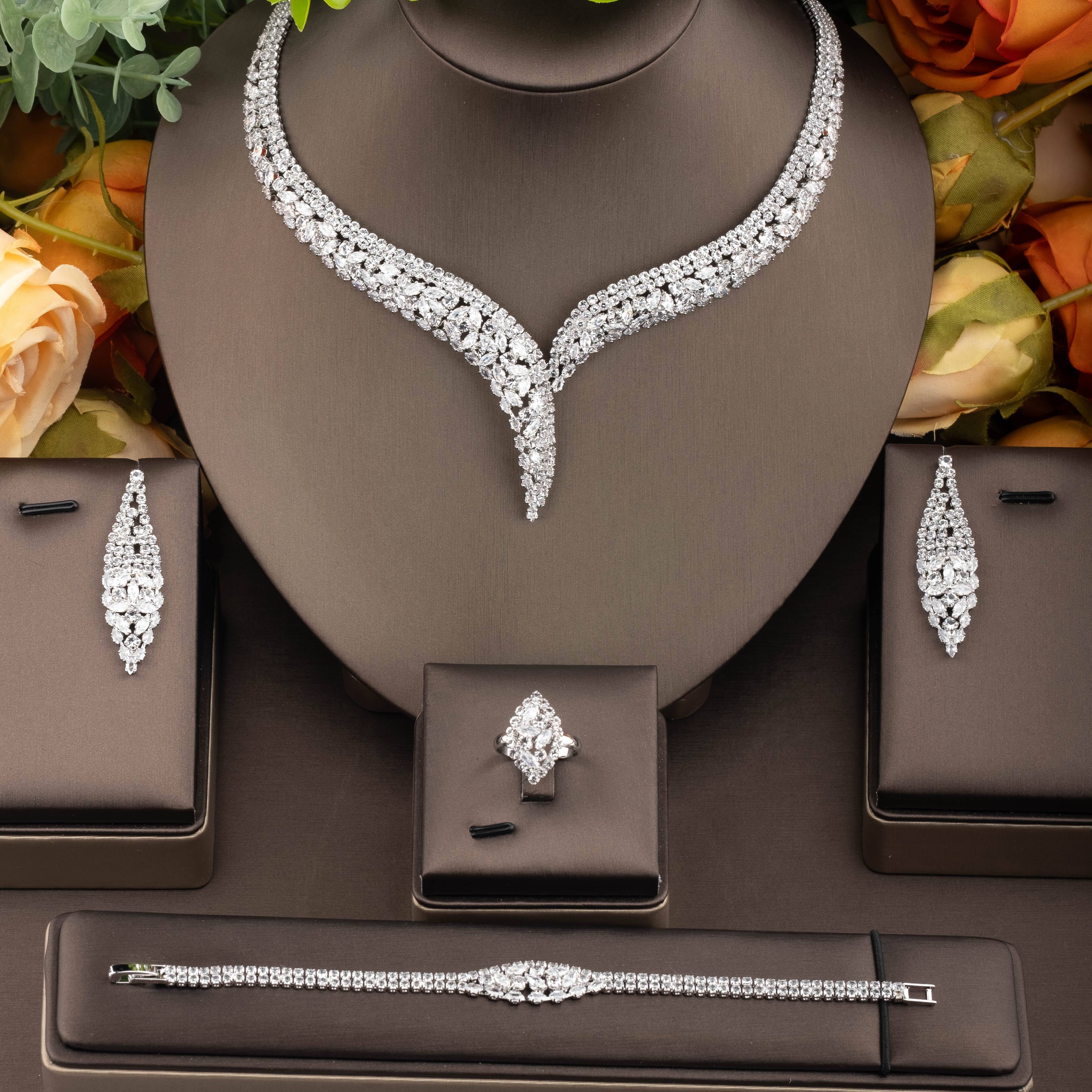 Image of 1 Set Of Elegant Retro-style Cubic Synthetic Zirconia Hollow-out Design Jewelry Set Suitable For Bridal Parties