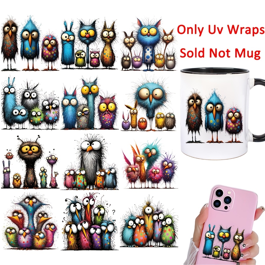 

12pcs Bird Uv Wraps - , Quirky Diy Transfer Stickers For Mugs, Glass Jars, Laptops & More - Waterproof, Vibrant Cartoon Bird Decals For Crafts, Greeting Cards & Gift Packaging