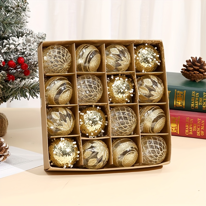 TEMU 16 pezzi/scatola, Diametro 6 cm/2,36 pollici, Decorazioni natalizie a forma di sfera, Decorazioni festive da appendere, Decorazioni festive,