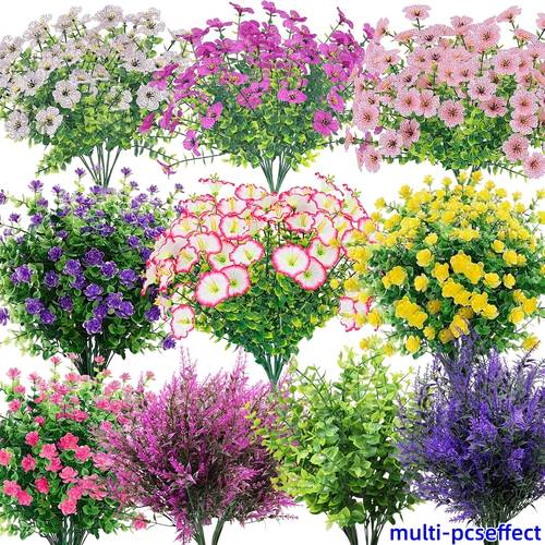 42-Stem Outdoor Artificial Flowers - Arrangement Violets, , Grass, Eucalyptus Leaves, and More. UV-resistant, Fade-proof Realistic Faux Flowers. for Wedding Parties, Plastic Plant Garden Courtyard Decor, Spring