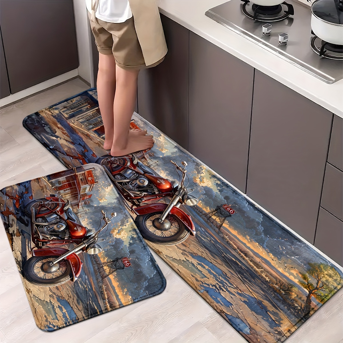 

1/2pcs Motorcycles Pattern Kitchen Mats, Non-slip And Bathroom Pads, Comfortable Standing Runner Rugs, Carpets For Kitchen, Home, Office, Sink, Laundry Room, Bathroom, Decor, Room Decor, Decor