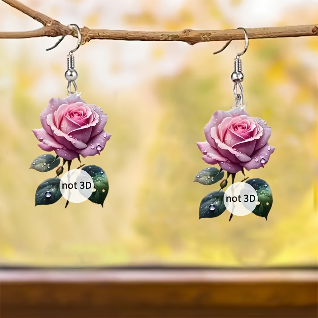 Acrylic Rose Print Women's Earrings Pendant Set