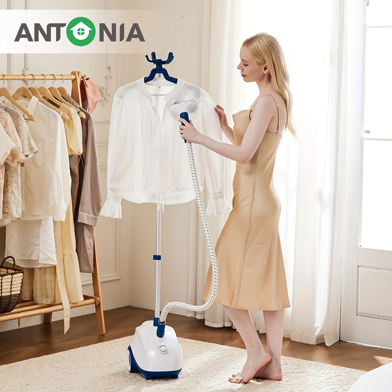 

100w Portable Garment Steamer With Rolling Wheels - Wrinkle-free Clothes In 1 Hour, 1.8l Water , Adjustable Storage Pole, Blue/white - Ideal For Home & Travel, Steamer For Clothes