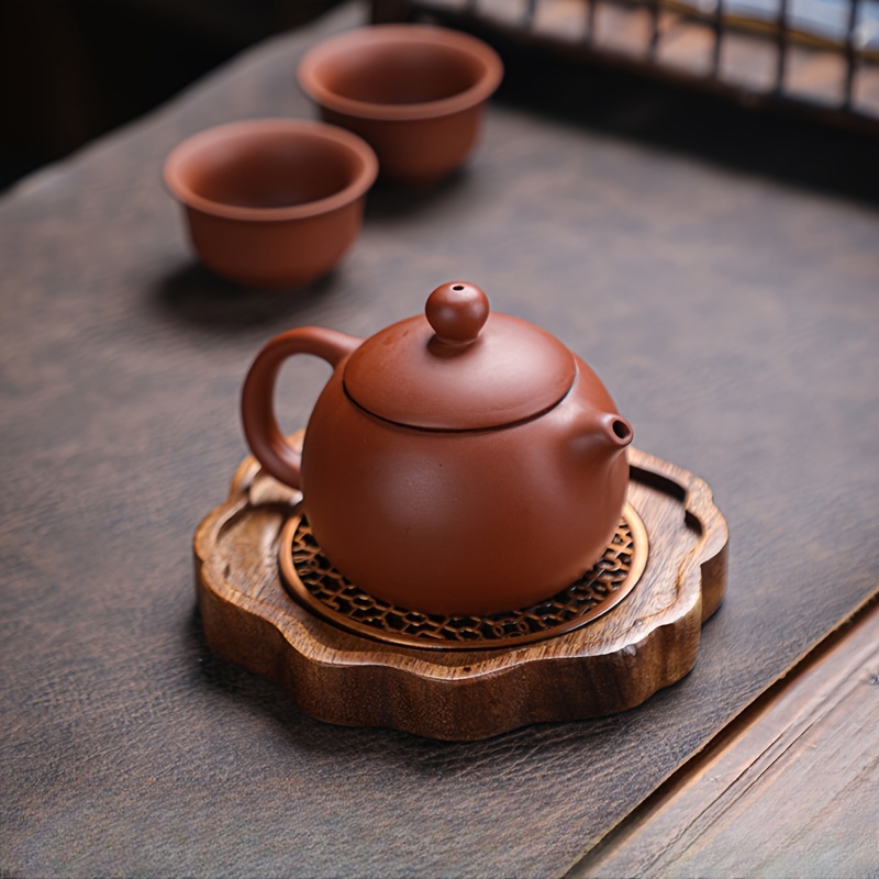 

1pc Rustic Walnut Wood Tea Pot Coaster, Traditional Kungfu Teapot Base, Decorative Drinkware Mat For Homebrew & Wellness, Heat Insulated Cup Pad, Ornamental Wooden Teapot Holder