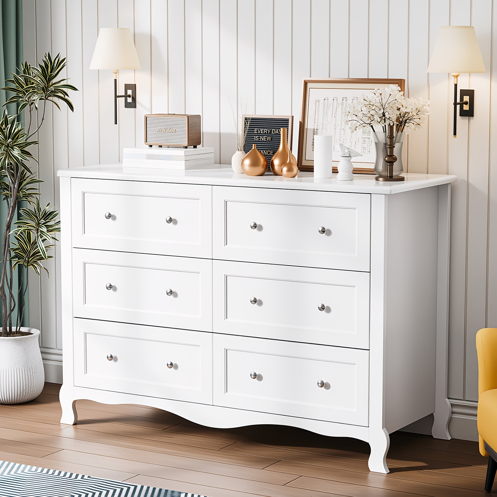 Bonnlo Wood Dresser Chest Of Drawers, Clothes Storage Dressers with Curved Legs And 6 Drawer for Bedroom