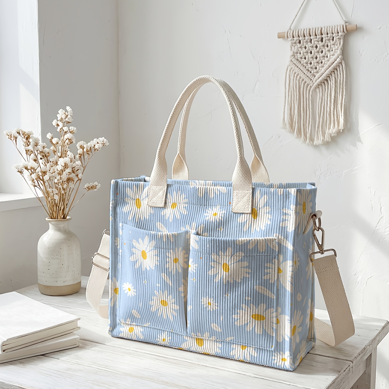 TEMU 1pc, 2d Printed Daisy Pattern Tote Bag For Women, With Corduroy Texture, Suitable For Hand And Crossbody Use. Versatile For Commuting, Vacation,