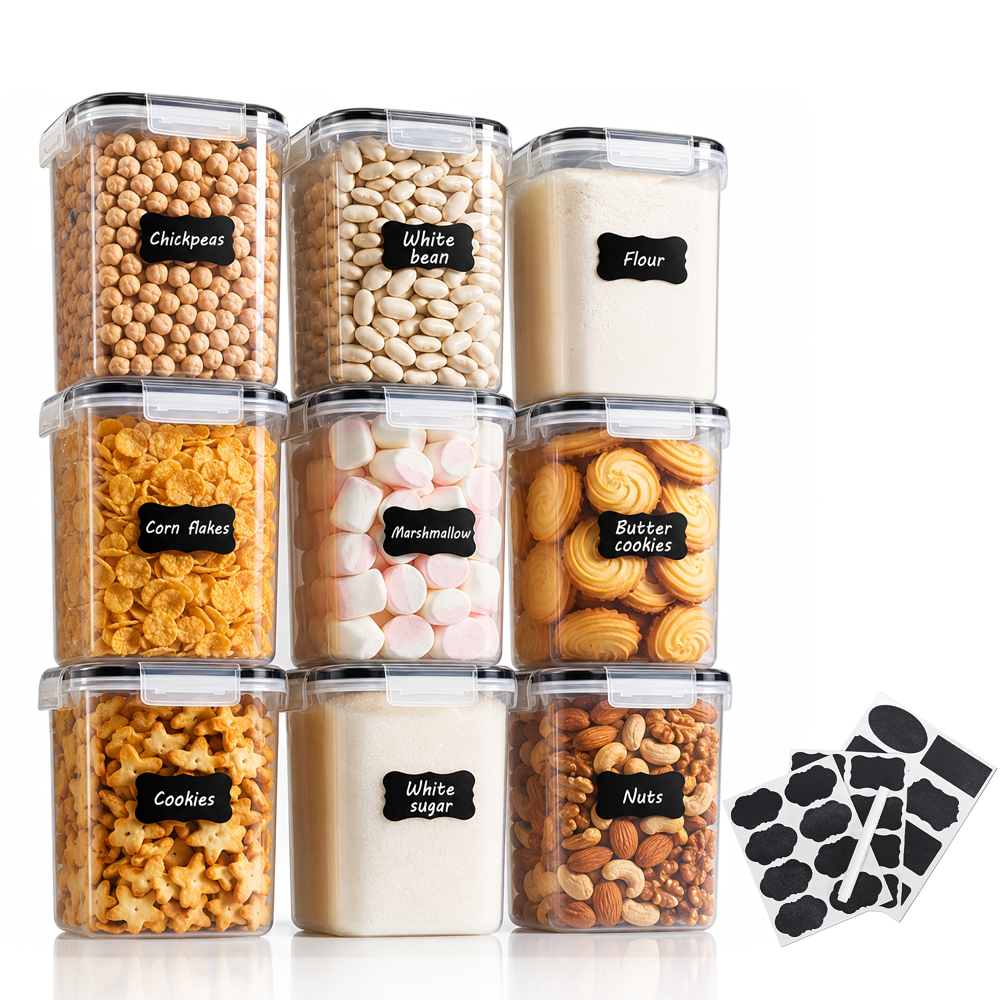 TEMU 8pcs 2l Airtight Plastic Dry Food Storage Containers Set With Black Lids, 24pcs Labels, Stackable Cereal Storage Canisters For Cereal, Flour,