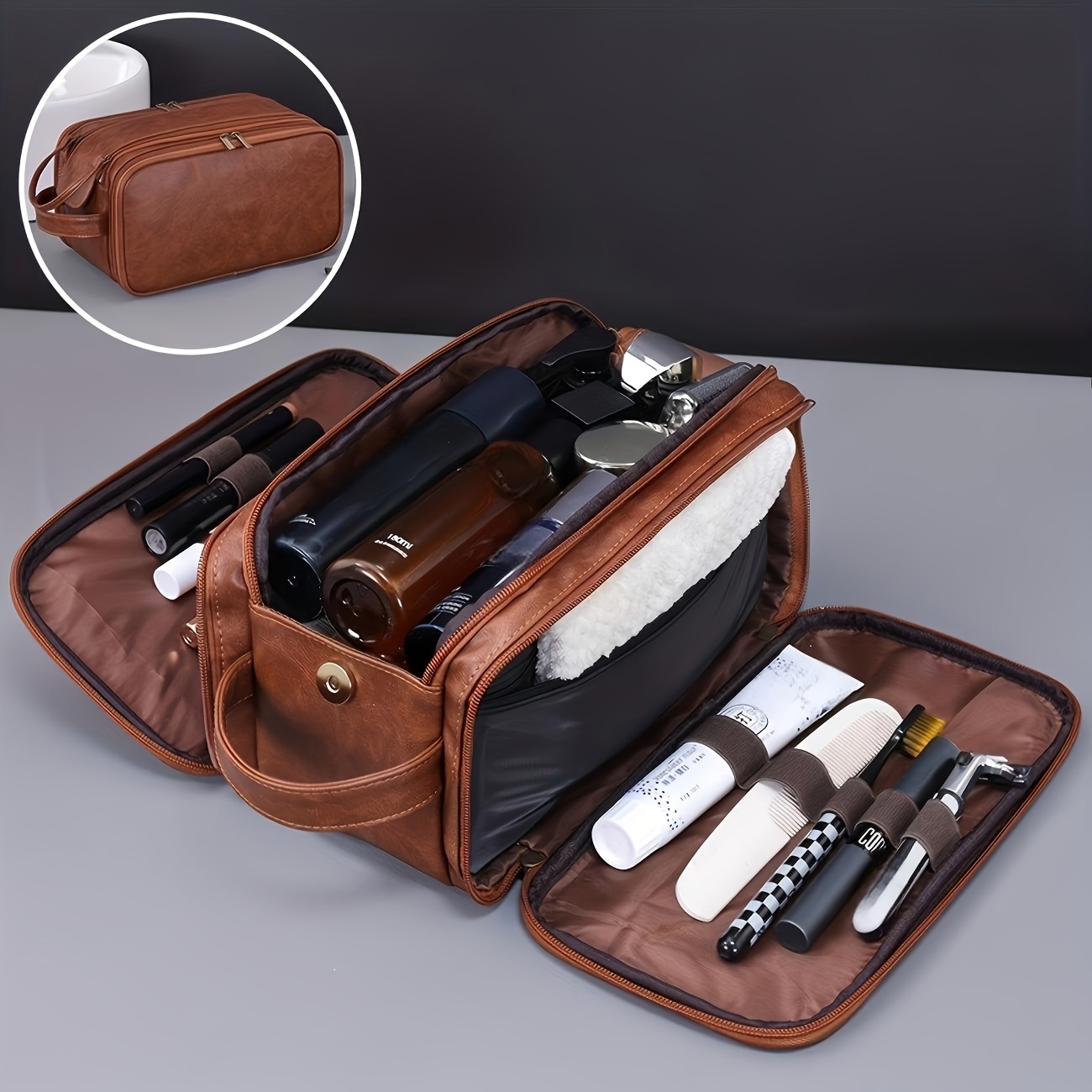 TEMU 1pc Large Capacity Men's Travel Toiletry Bag, 3-open Multi-functional Organizer For Skincare And Toiletries, Luggage Organizer, Lightweight,