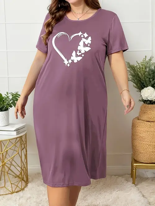 womens plus casual lounge dress plus size heart print short sleeve crew neck sleep dress