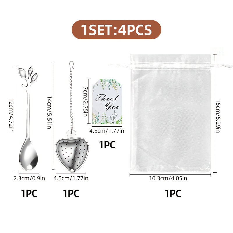 E-shop 4-teiliges kreatives Geschenkset aus Edelstahl, inklusive 1 blattförmiger Teelöffel, 1 herzförmiger Tee-Ei, 1 Dankeskarten 1 transparentem