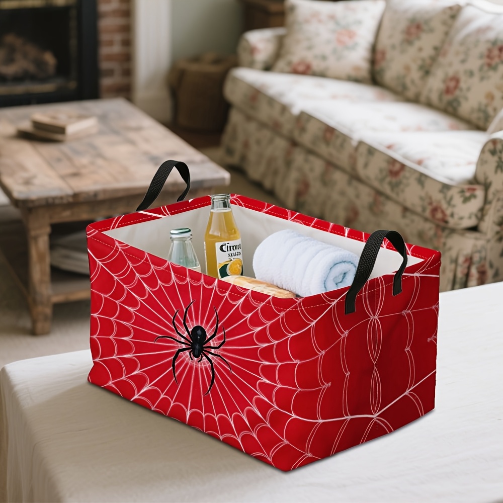 TEMU Jit1pc, Large Spiderweb Red Graphic Pattern Square Foldable Storage Basket, Open Storage Bins Bin For Halloween Costume Additions, Fall Seasonal