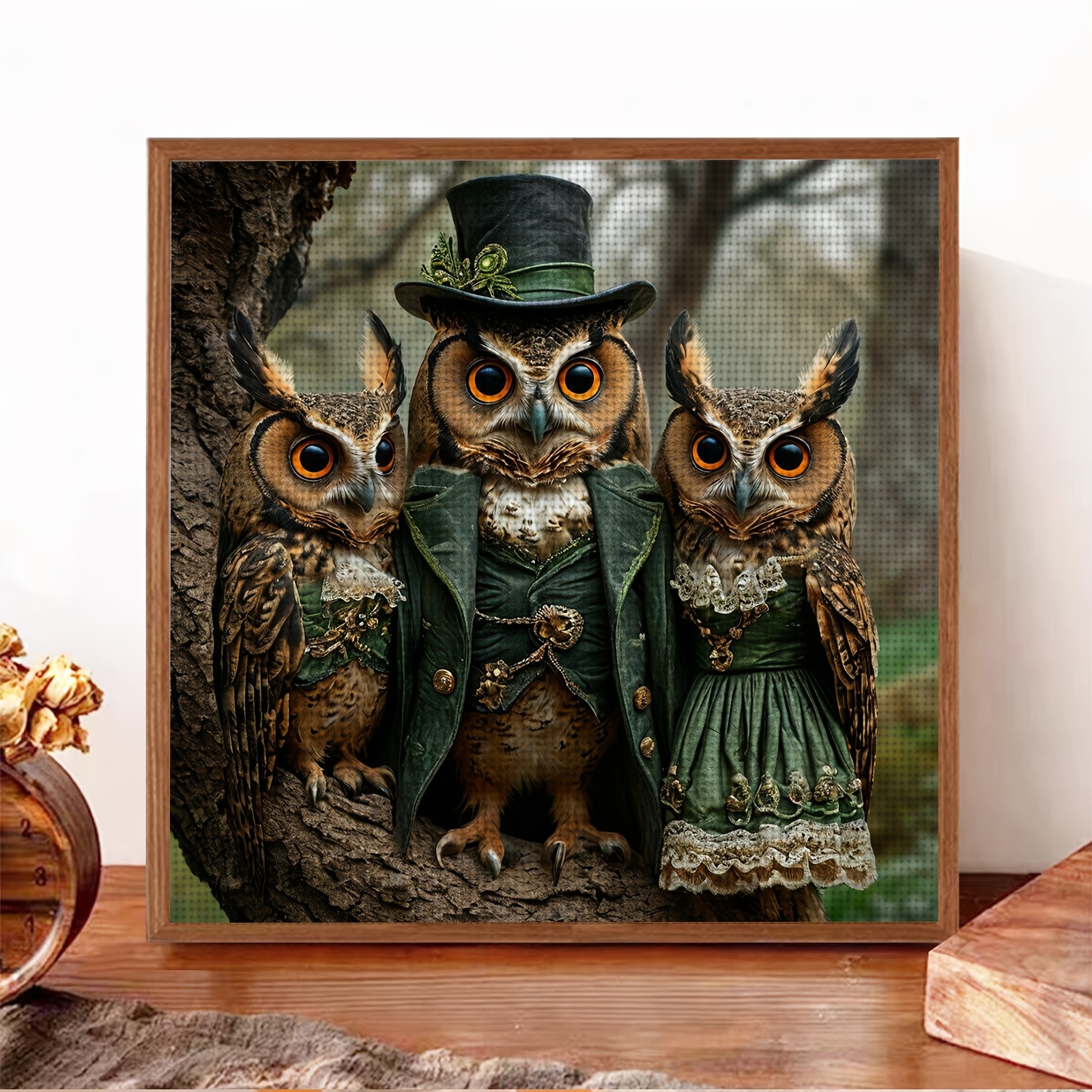 Printed Cross-Stitch Kit, Three Owls in Green Design