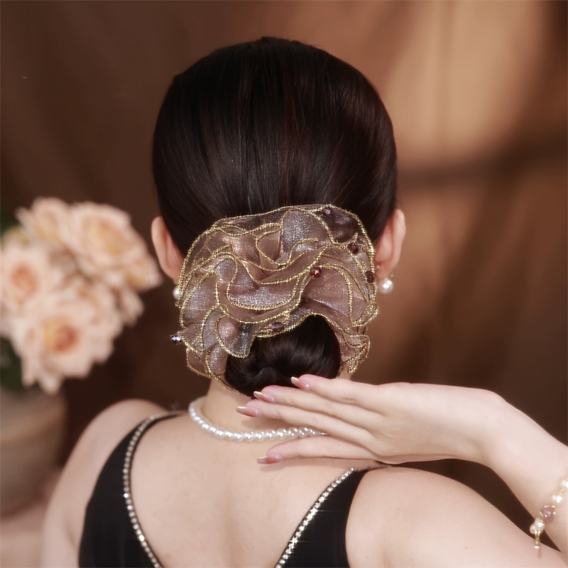 

Elegant Beads Decorative Mesh Flower Hair Loop Elastic Hair Rope Vintage Hair Styling Accessories For Women And Daily Use