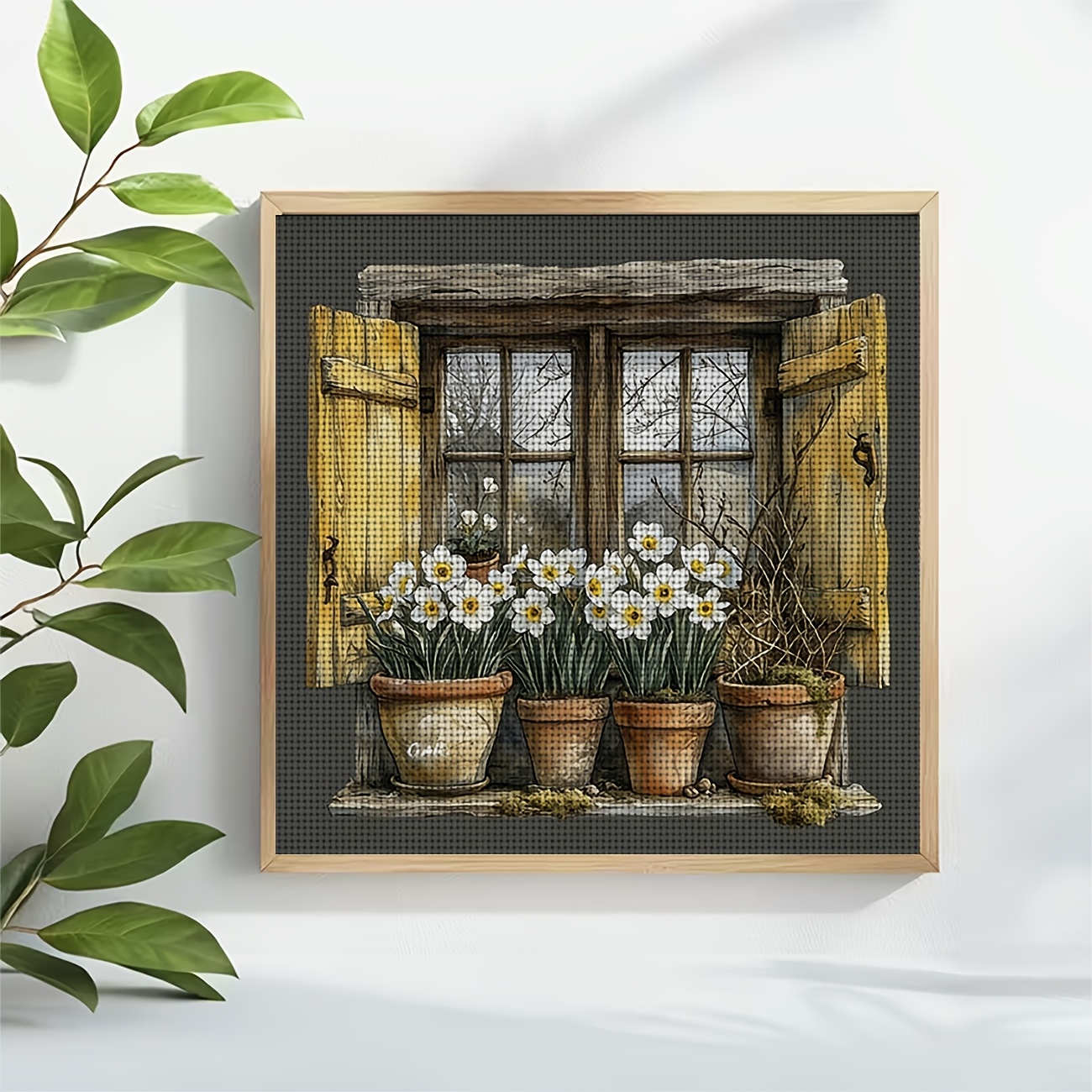 Cross Stitch Printed Kit, Frameless, Open Window, Ceramic Pot and Daffodil Pattern