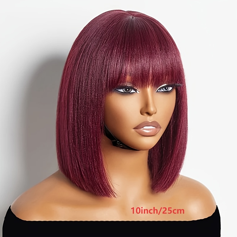TEMU 99j Burgundy Colored Straight Short Bob Wigs With Bangs Glueless Full Machine Made 150% Density Human Hair Bob Wigs 99j Color None Lace Front Wigs Human Hair For Women