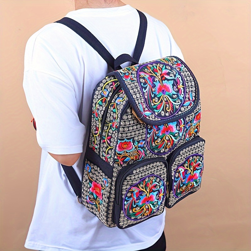 

Retro Ethnic Flower Embroidery Zipper Backpack, Lightweight Women's Classic Travel Storage Rucksack With Multi Pockets