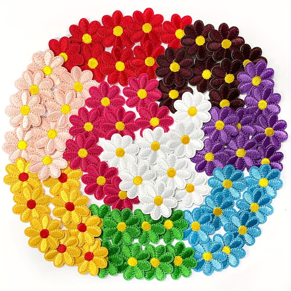 TEMU 63pcs, 9 Colors Daisy Patches Red, White, Blue, Flower Embroidery Patches Diy Iron-on Patches For Clothing Bags Sunflower Fusible Patches
